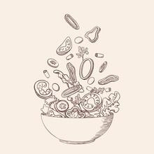 Fresh Vegetable Salad In Sketch Line Style. Concept Cooking Organic Healthy Vegan, Vegetarian, Dietary, Vitamin Dish With Farm Products. Tomato, Cucumber, Bell Pepper. Isolated Vector Illustration