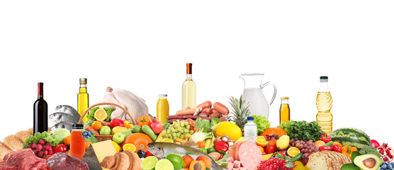 Assortment of fresh organic products on white background. Balanced food