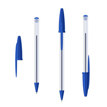 Common Blue Ballpoint Pen In Transparent Plastic Case Set. Vector Illustration