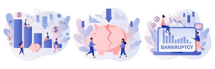 Business bankruptcy. Broken piggy bank. Economical loan payback problem, investment failure and budget collapse. Financial crisis. Modern flat cartoon style. Vector illustration on white background