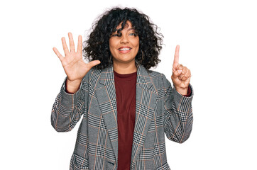 Poster - Young hispanic woman wearing business clothes showing and pointing up with fingers number six while smiling confident and happy.