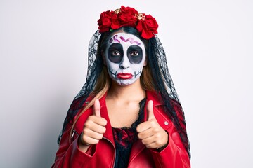 Sticker - Woman wearing day of the dead costume with thumbs up doing ok sign depressed and worry for distress, crying angry and afraid. sad expression.