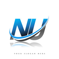 nu initial logo company name colored blue and black swoosh design, isolated on white background. vec