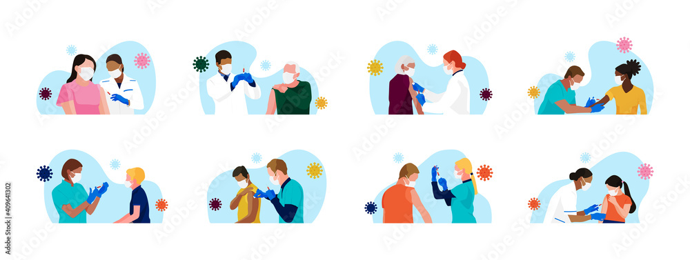 Сovid-19 mass vaccination. Set of people of different age, race, gender receiving vaccine. Doctors and nurses with syringe in hand. Kids vaccination. Vector spot illustrations. - obrazy, fototapety, plakaty 