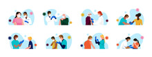 Сovid-19 Mass Vaccination. Set Of People Of Different Age, Race, Gender Receiving Vaccine. Doctors And Nurses With Syringe In Hand. Kids Vaccination. Vector Spot Illustrations.