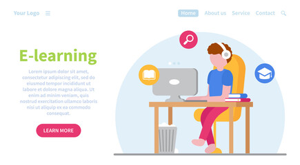 Wall Mural - Web banner concept for online education. E-learning. Can be used on websites and mobile applications. Student to study at home during quarantine at the computer. Landing page template. Online courses.