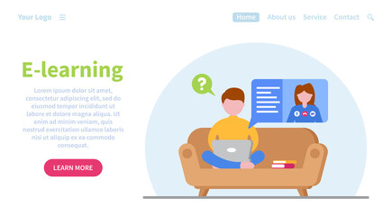 Wall Mural - Web banner concept for online education. E-learning. Can be used on websites and mobile applications. Student to study at home during quarantine using a laptop. Landing page template. Online courses.