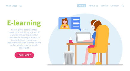 Wall Mural - Web banner concept for online education. E-learning. Can be used on websites and mobile applications. Student to study at home during quarantine using a laptop. Landing page template. Online courses.