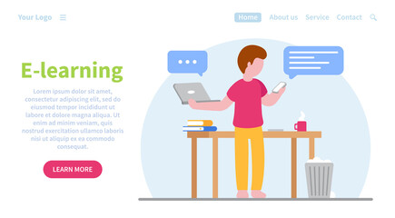 Wall Mural - Web banner concept for online education. E-learning. Can be used on websites and mobile applications. Student to study at home using a computer and smartphone. Landing page template. Online courses.