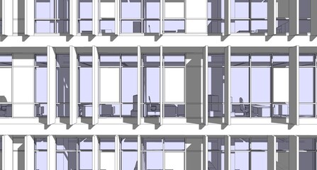 Poster - 3d illustration of a partial façade of a modern office building with vertical sun shades.  Scene with deep shadows and blue glass. Workplace furniture is seen behind the transparent glass. 