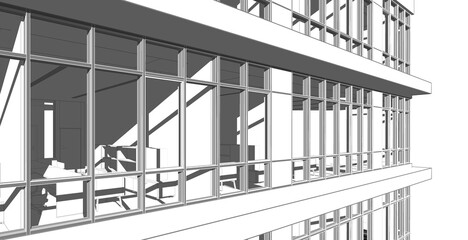 Poster - Partial 3d illustration of a modern office building's elevation.  Close up from a corner office floor with workspace furniture. Perspective scene in grey tones at sunset with deep shadows.