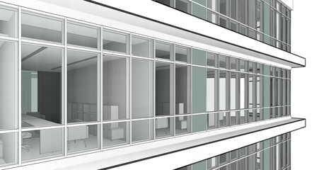 Poster - Partial 3d illustration of a modern office building's elevation. Close up from a corner office floor with workspace furniture. Curtain wall glass in pale green tone. Perspective with ambient shadow.