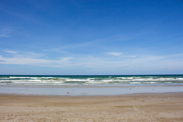 View of the beach with blue sky and white cloud background at Pattaya and Rayong, Thailand.