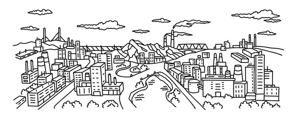 Industrial city suburb landscape. Buildings and pipes. Manufacturing factories. Hand drawn sketch. Contour vector line.