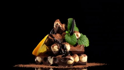 Wall Mural - pouring melted chocolate on chocolate bar with nuts, decorate sliced orange and mint. confectionery concept
