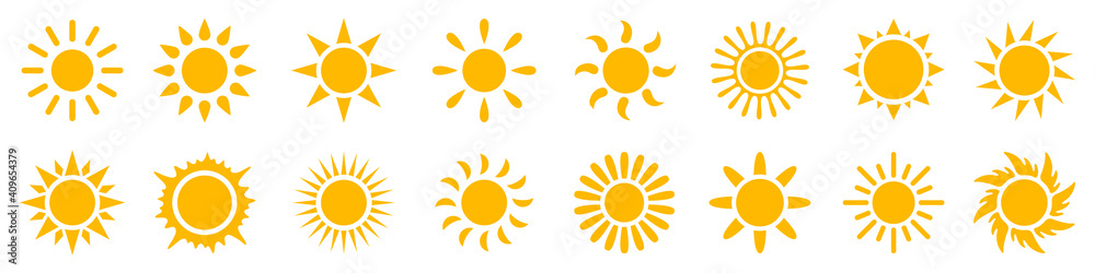 Set sun icons sign, solar isolated icon, sunshine, sunset collection, summer, sunlight – stock vector - obrazy, fototapety, plakaty 