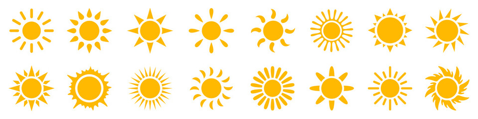 set sun icons sign, solar isolated icon, sunshine, sunset collection, summer, sunlight – stock vecto