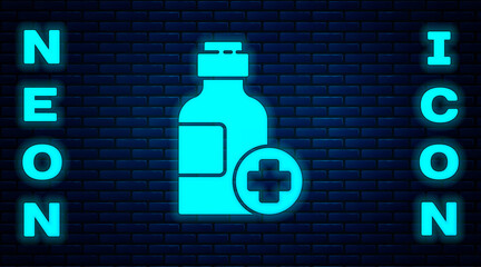 Poster - Glowing neon Bottle of medicine syrup icon isolated on brick wall background. Vector Illustration.