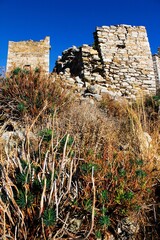 Stone tower at the medieval village of Vathia in southeastern Laconia, Peloponnese region, Greece.