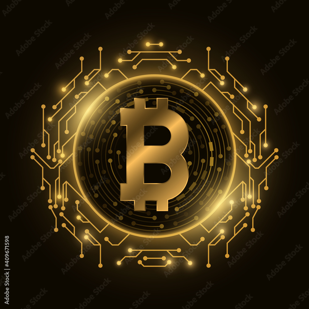 Futuristic golden Bitcoin digital currency. Computer circuit board. Cryptocurrency  mining. Sci-fi design blockchain logo for graphic design. Vector  illustration. Stock Vector | Adobe Stock