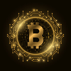 Poster - Futuristic golden Bitcoin digital currency. Computer circuit board. Cryptocurrency mining. Sci-fi design blockchain logo for graphic design. Vector illustration.