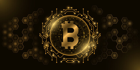 Poster - Futuristic golden Bitcoin digital currency. Computer CPU. Concept of cryptocurrency mining. Hexagon pattern. Hi-tech design blockchain for graphic design. Vector illustration.