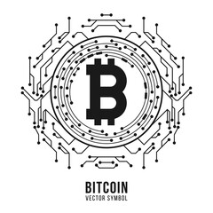 Poster - Bitcoin cryptocurrency symbol. Computer circuit board frame. Digital currency online mining. Design blockchain Logo for graphic design. Vector illustration.
