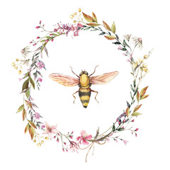 Sticker - Watercolor bee illustration. Vintage wildflowers wreath.