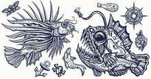 Sea Monsters. Angler Fish And Lionfish, Shark, Compass. Underwater Life. Deep Water Diving Art. Treasures And Life Of Ocean. Old School Tattoo Vector Collection