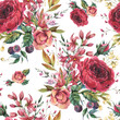Watercolor vintage burgundy rose and wildflowers seamless pattern. Natural botanical wallpaper