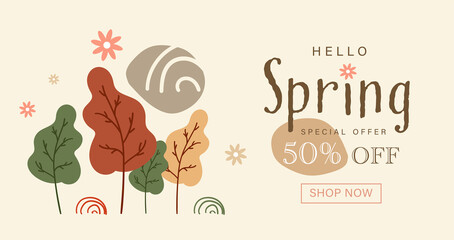 Wall Mural - Spring season card of hand drawn cute flowers. Special offer, promotion banner, background with leaves, flower elements