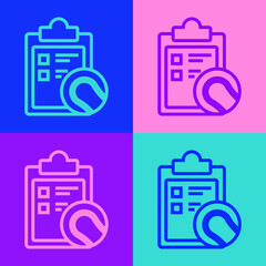 Sticker - Pop art line Checklist clipboard and tennis ball icon isolated on color background. Sport equipment. Vector Illustration.