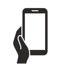 Mobile phone icon. Mobile phone in hand. Hand holding smartphone. Vector icon isolated on white background.
