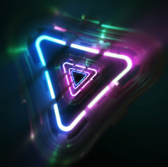 Poster - glowing neon light in a triangular shape. futuristic glowing neon triangle tunnel background. black 