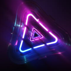 Poster - glowing neon light in a triangular shape. futuristic glowing neon triangle tunnel background. black 