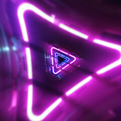Poster - glowing neon light in a triangular shape. futuristic glowing neon triangle tunnel background. black 