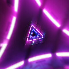 Poster - glowing neon light in a triangular shape. futuristic glowing neon triangle tunnel background. black 