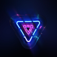 Poster - glowing neon light in a triangular shape. futuristic glowing neon triangle tunnel background. black 