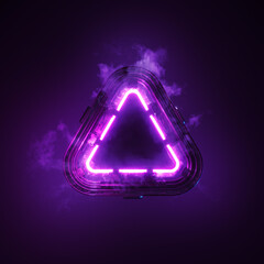 Poster - cyber city glowing purple neon light, triangular shape. smoke and heat generated by portal or sign. 