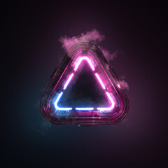 Poster - blue and pink glowing neon light abstract triangular shape. smoke and heat generated by portal or si