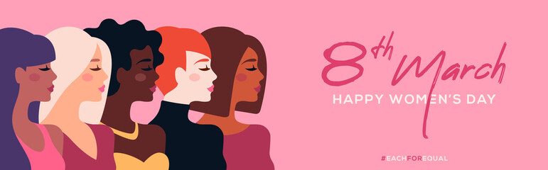 International Women's Day horizontal banner. Vector illustration. Woman of different nationalities standing together. Struggle for freedom, equality and independence flat character concept 8 March