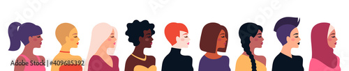 Female diverse faces, different ethnicity and hairstyle. Vector illustration, banner or poster. Woman empowerment movement. Happy International Women's day. Indian, african girls, muslim in hijab © kotoffei