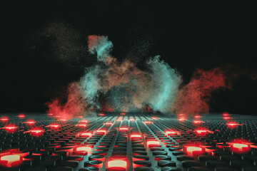 Fototapete - 3d rendering of neon push button background with colorful smoke