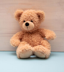 Wall Mural - Teddy bear sitting on blue floor, child room