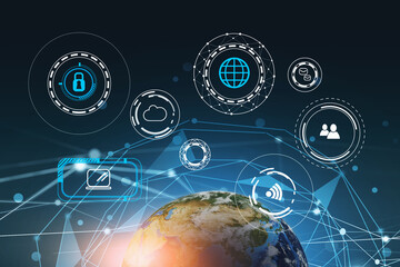 Fototapete - Immersive digital HUD interface with business infographics and data representation with planet over blue background. Elements of this image furnished by NASA. 3d rendering toned image