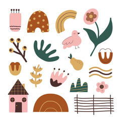 Poster - Modern abstract random set colorful doodle shapes and objects isolated on white background. Vector hand drawn clip art elements for print, greeting card, textile, invitations. Scandinavian design