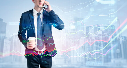 Poster - Young sale person at investment bank with coffee cup is contracting with a client to force him to invest in a new financial product to gain normal profit. Buy or sell stock concept, double exposure