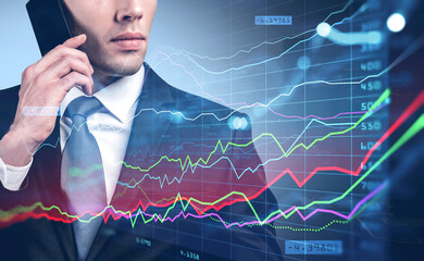 Poster - Young sale person at investment bank is contacting with a client