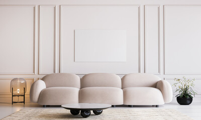 Poster - White living room in modern design, minimal clear space with frame mockup on empty classic background, 3d render