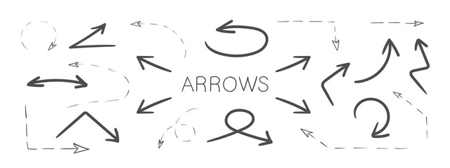 Wall Mural - Arrows icons. Hand drawn arrows. Set of vector curved arrows. Sketch doodle style. Vector illustration